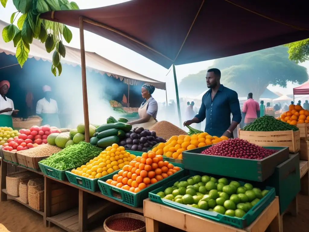 Un bullicioso mercado africano rebosante de colores y sabores, reflejando la cocina vegana en África