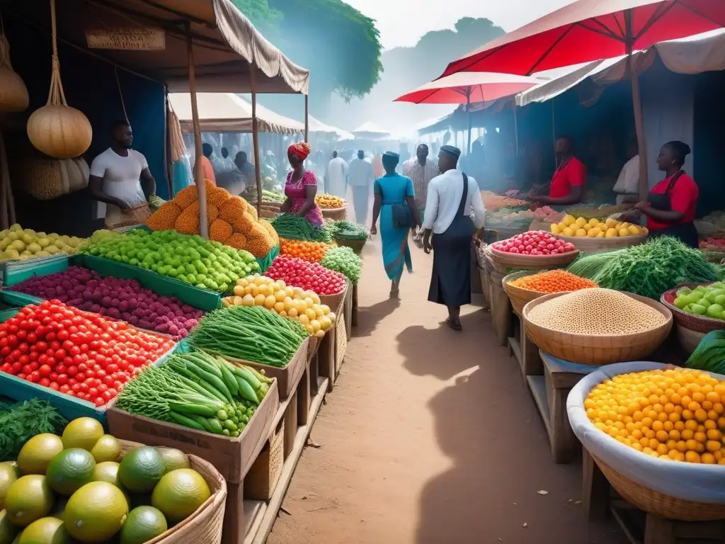 Un bullicioso mercado africano rebosante de colores vibrantes y productos frescos, donde se venden frutas, verduras y granos