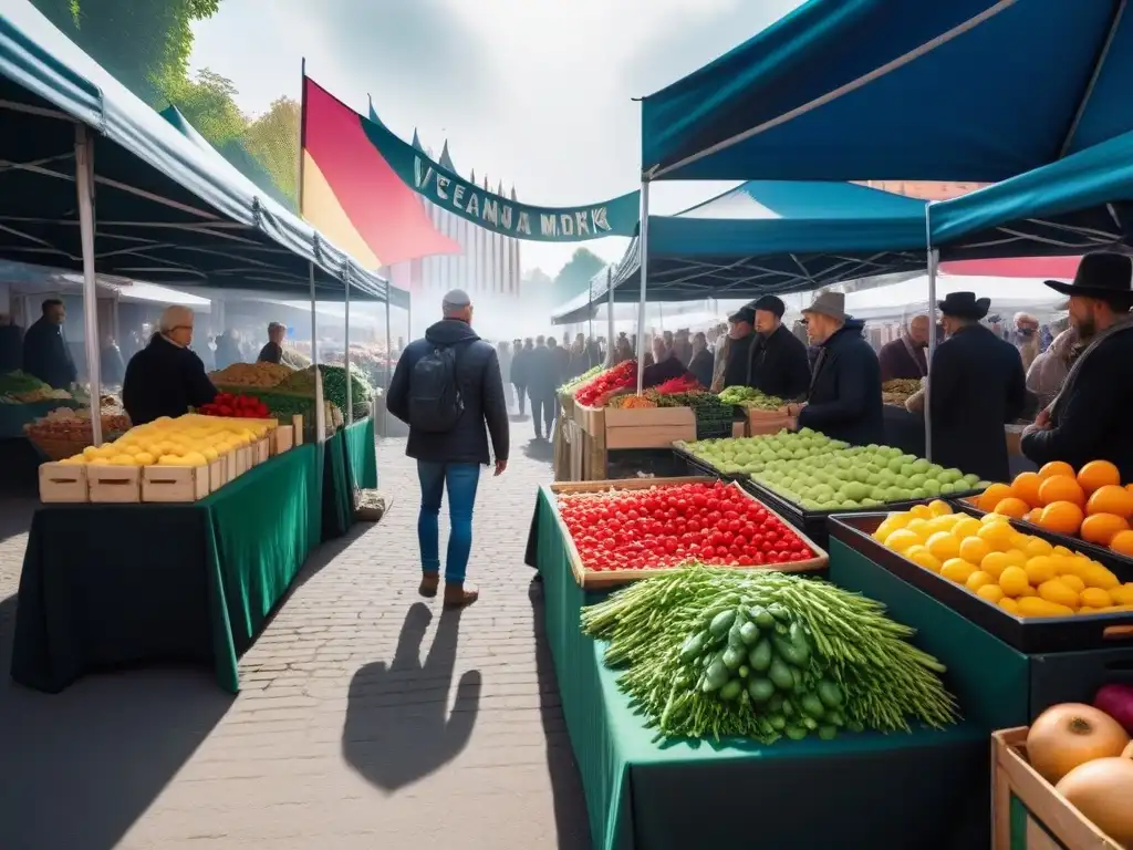 Un bullicioso mercado de agricultores en Europa del Este, mostrando la creciente popularidad de la cocina vegana