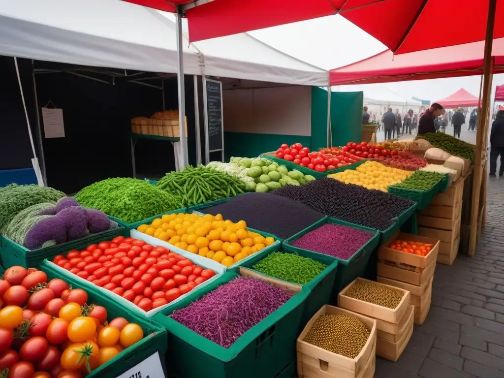 Un bullicioso mercado de agricultores europeo con ingredientes locales, resaltando la belleza de la cocina vegana europea