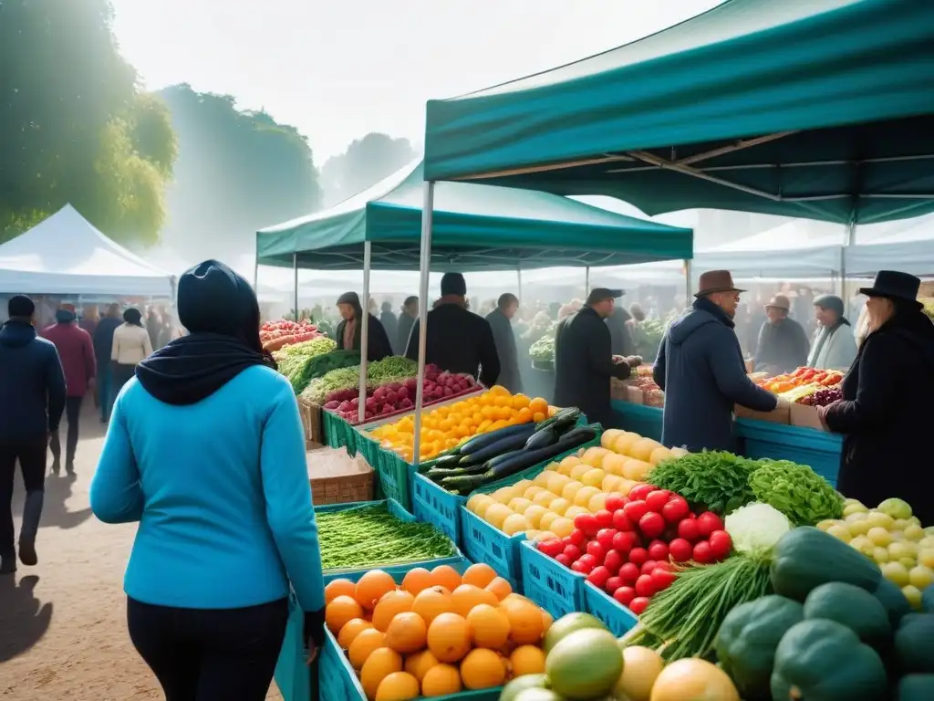 Un bullicioso mercado de agricultores con frutas y verduras orgánicas coloridas, gente diversa comprando