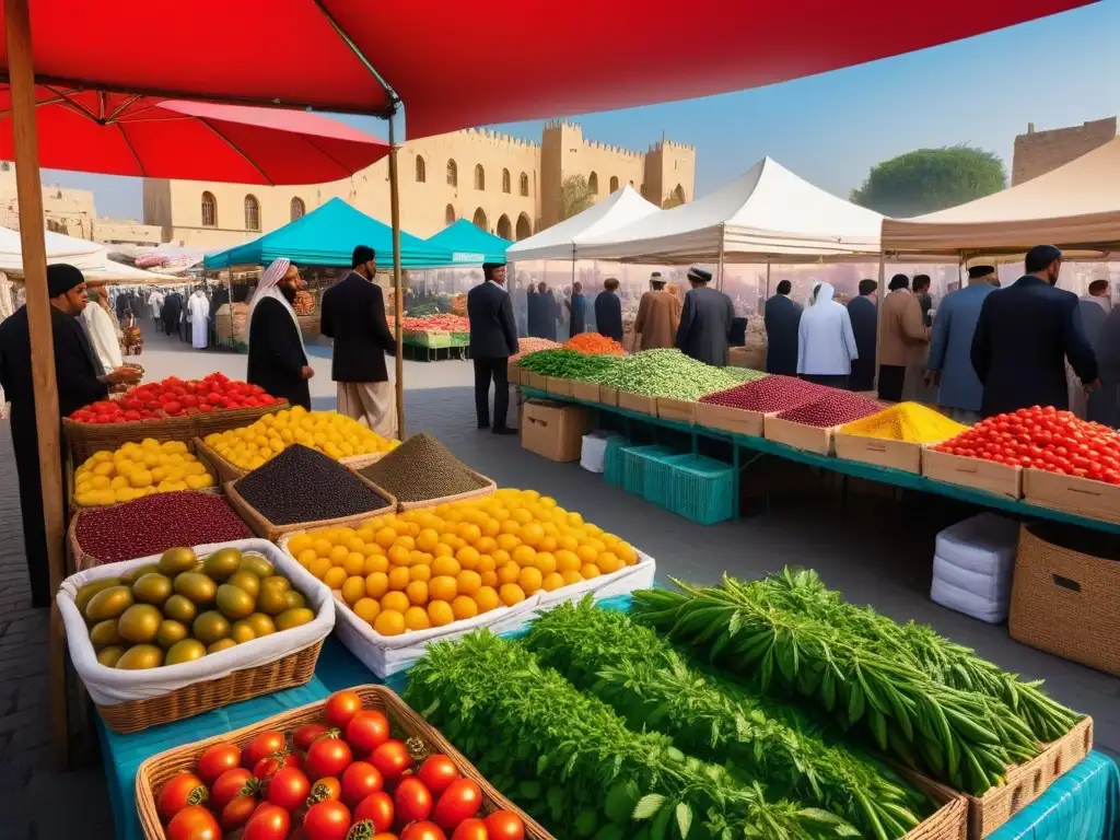 Un bullicioso mercado de agricultores del Medio Oriente, con ingredientes locales vibrantes y coloridos bajo la cálida luz del atardecer