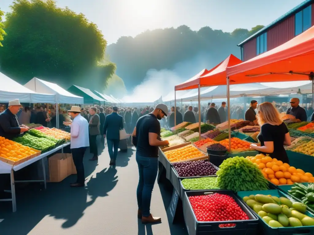 Un bullicioso mercado de agricultores lleno de coloridos puestos con ingredientes veganos frescos locales, donde la tecnología y la comunidad se unen