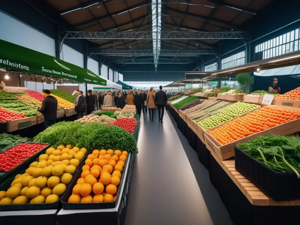 Un bullicioso mercado de agricultores con productos veganos sostenibles y frescos, envuelto en una atmósfera vibrante y consciente