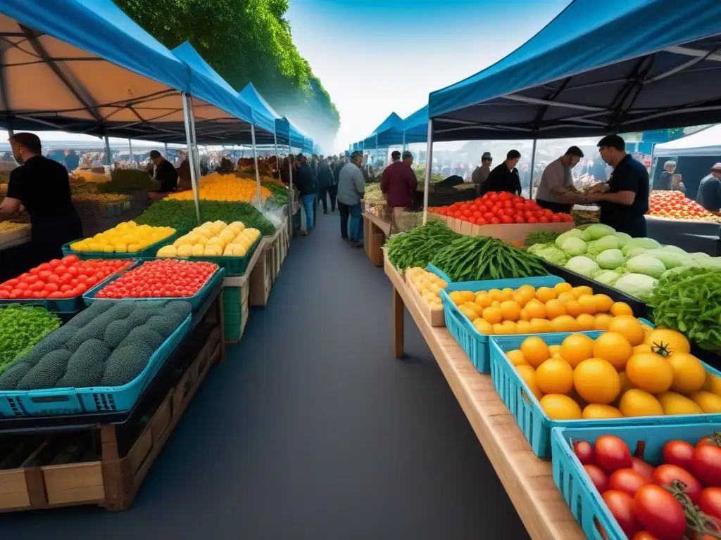 Un bullicioso mercado de agricultores con productos frescos y coloridos, ideal para aplicaciones dieta vegana niveles