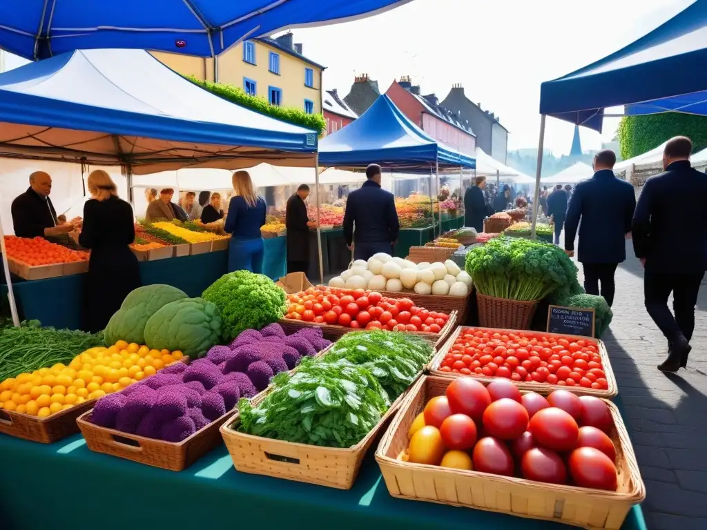 Un bullicioso mercado de agricultores en Europa con productos locales vibrantes, inspirando la cocina vegana europea ingredientes locales