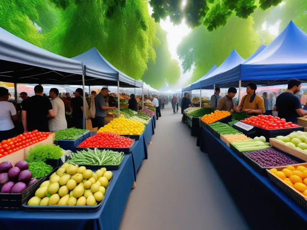 Un bullicioso mercado de agricultores con puestos de frutas y verduras frescas, gente feliz comprando, un ambiente vibrante y acogedor