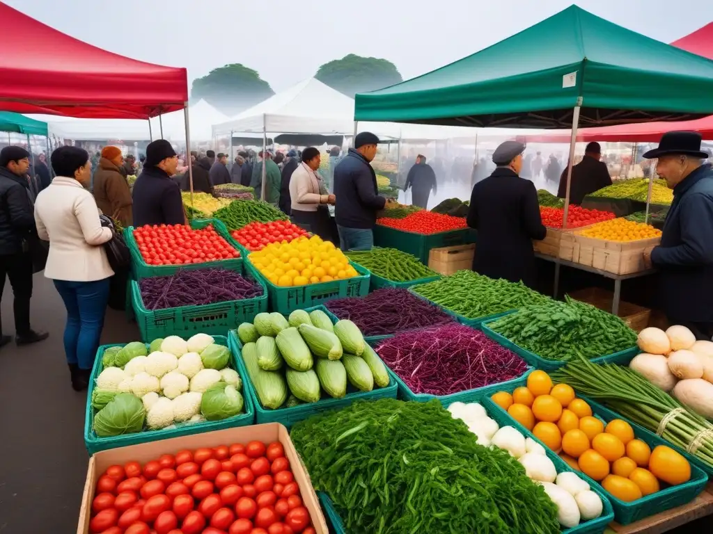 Mercado de verduras vibrante: abundancia y diversidad en temporada Un bullicioso mercado de agricultores con variedad de vegetales locales de la temporada