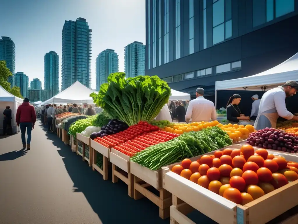 Un bullicioso mercado de agricultores en Vancouver, Canadá, rebosante de vida y color