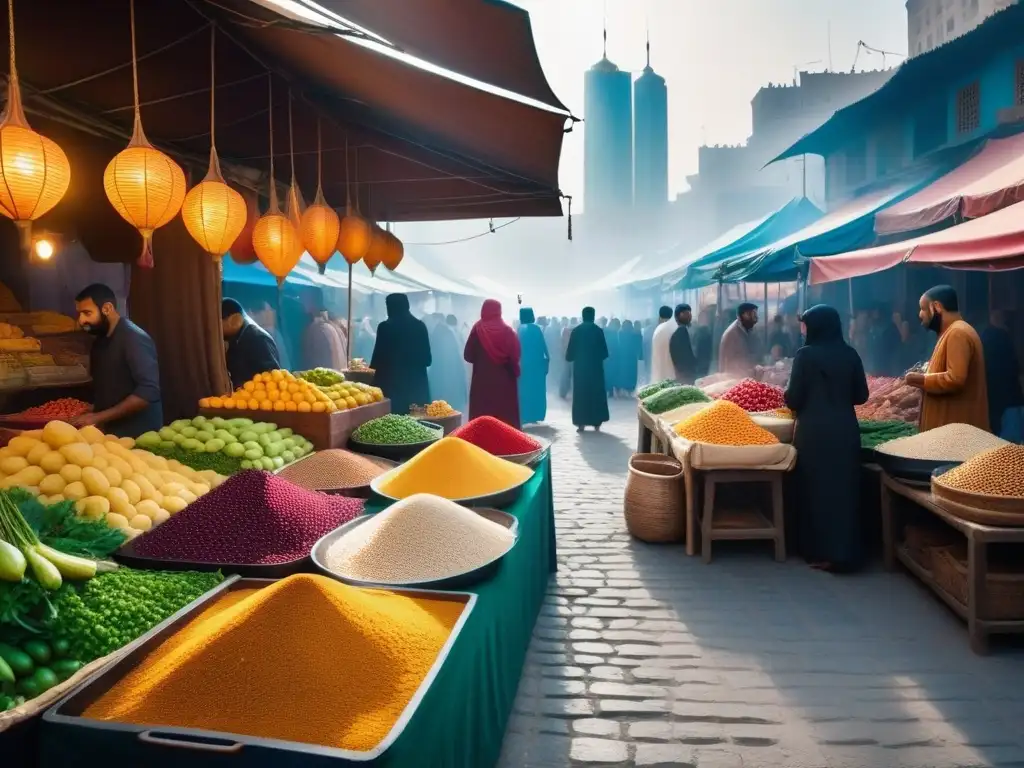 Un bullicioso mercado de alimentos en Medio Oriente, con una mezcla de tradición y modernidad en la gastronomía vegana