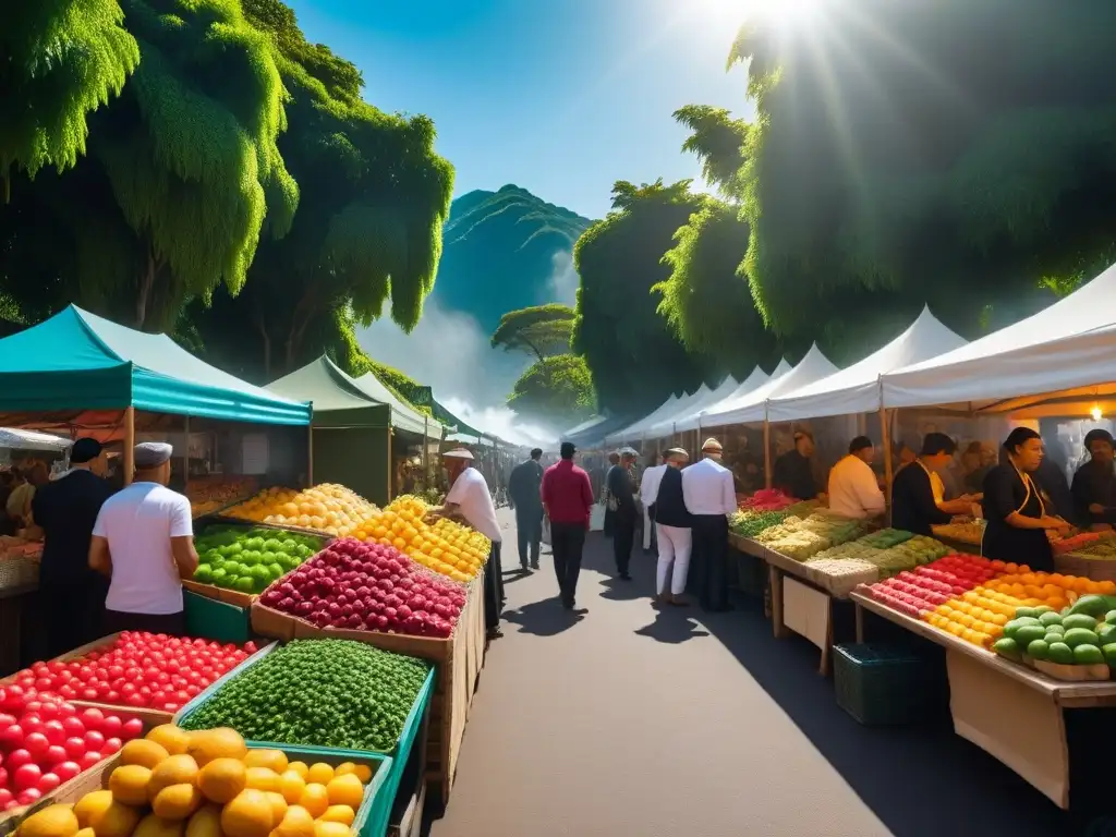 Un bullicioso mercado de alimentos veganos en Sudamérica, rebosante de colores y sabores locales