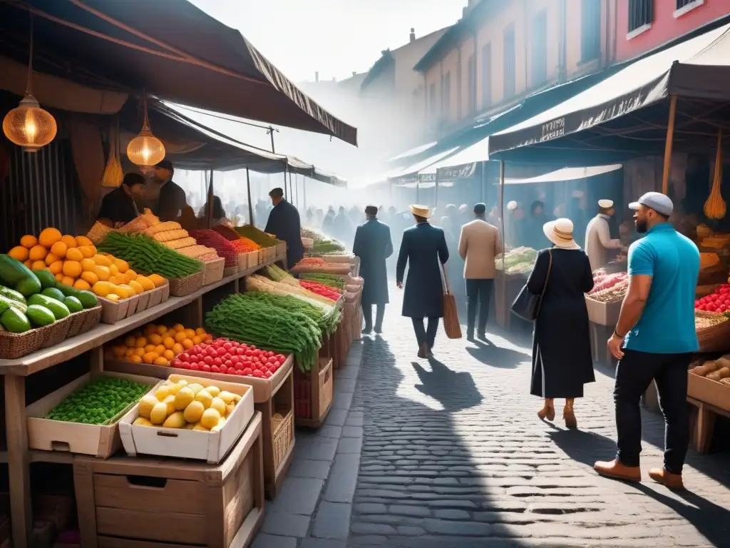 Un bullicioso mercado antiguo lleno de ingredientes para recetas veganas tradicionales sin alérgenos