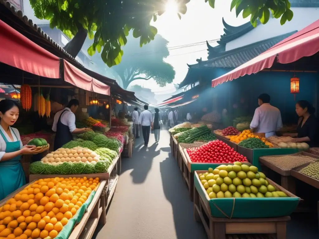 Un bullicioso mercado callejero asiático lleno de coloridos puestos de frutas, verduras y especias frescas