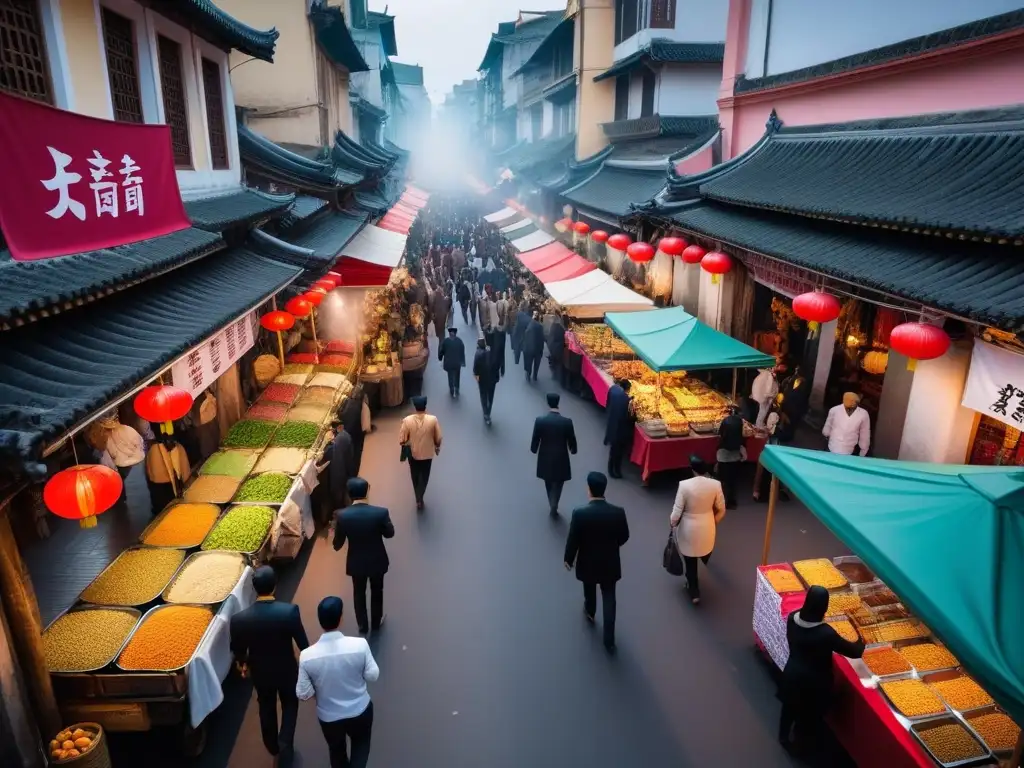 Un bullicioso mercado callejero asiático rebosante de coloridos puestos con deliciosos platos veganos