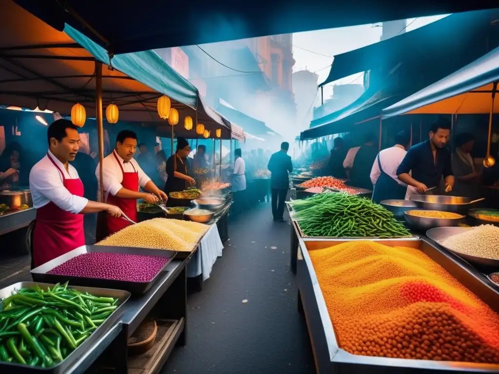 Un bullicioso mercado callejero asiático con puestos coloridos de verduras frescas, especias exóticas y chefs preparando platos veganos tradicionales