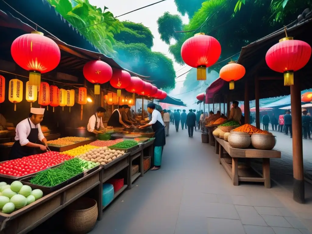 Un bullicioso mercado callejero en Asia, con frutas exóticas, verduras frescas y platos veganos