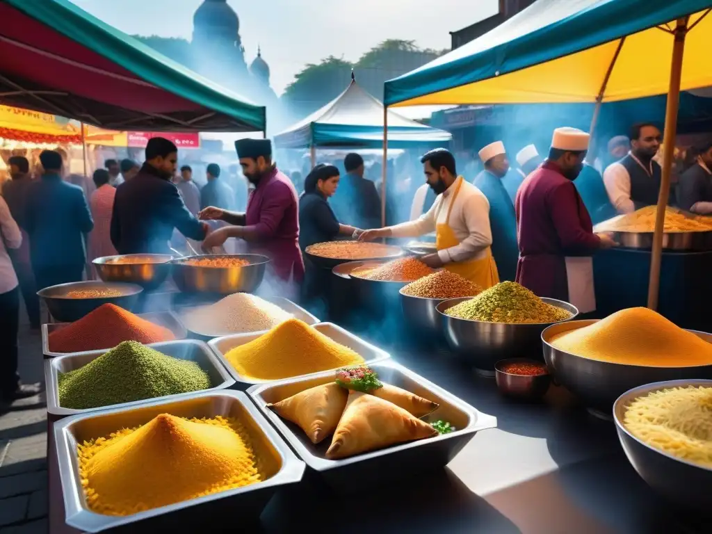 Un bullicioso mercado callejero de gastronomía vegana en Asia, con coloridos puestos y aromas de especias en el aire