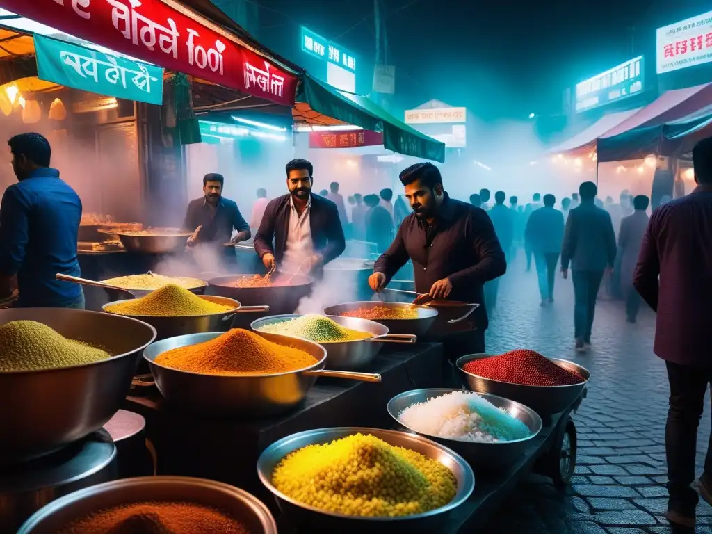 Un bullicioso mercado callejero en la India con puestos de chaat vegano auténtico, colores vibrantes y gente diversa disfrutando de la comida