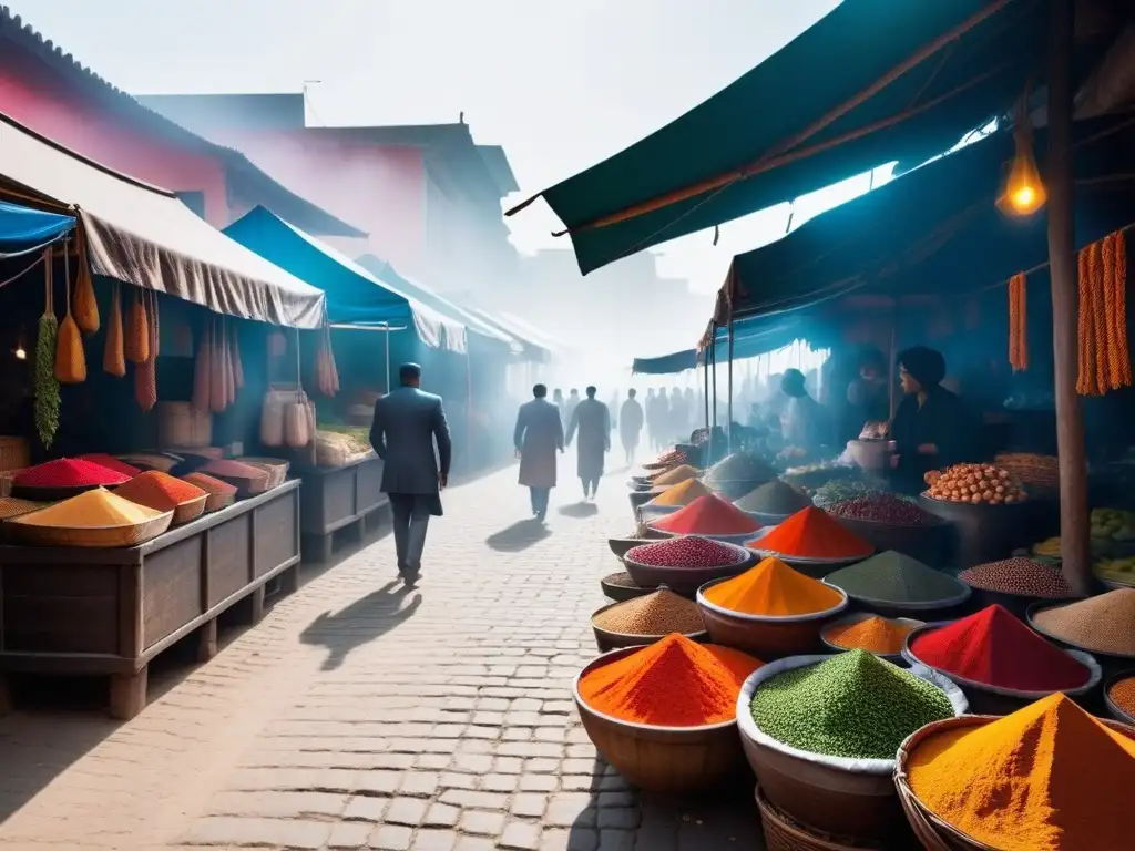 Un bullicioso mercado callejero indio rebosante de colores y aromas, ideal para principiantes en cocina vegana india