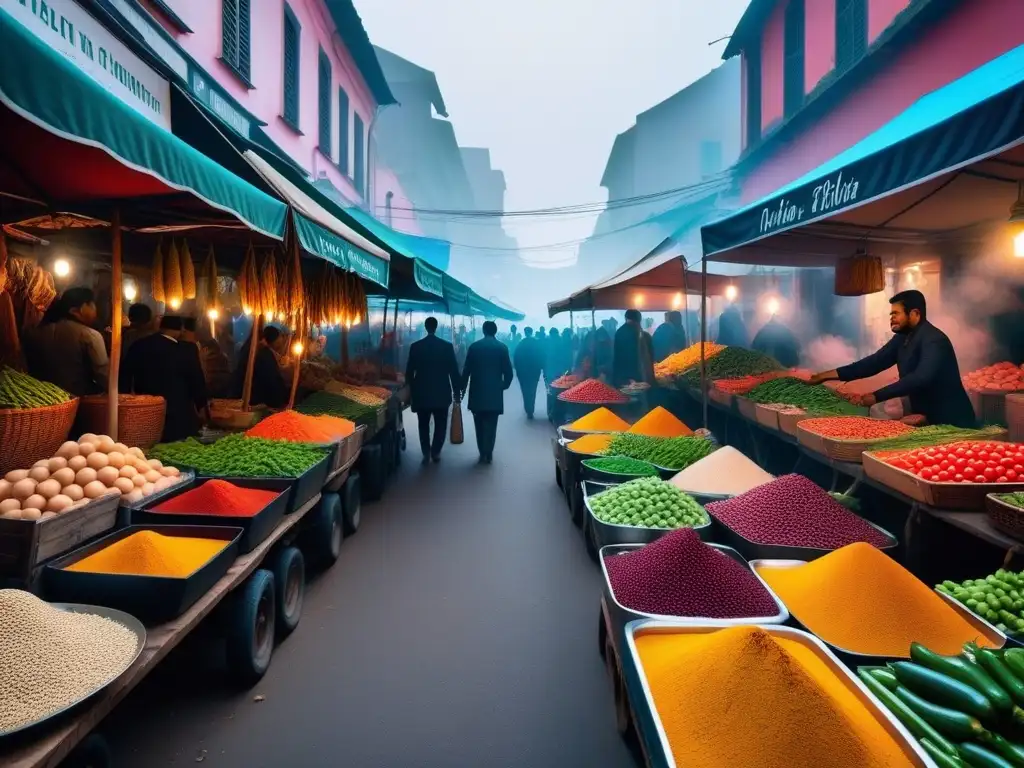 Un bullicioso mercado callejero indio, lleno de vida y color, donde se venden verduras frescas, hierbas y especias