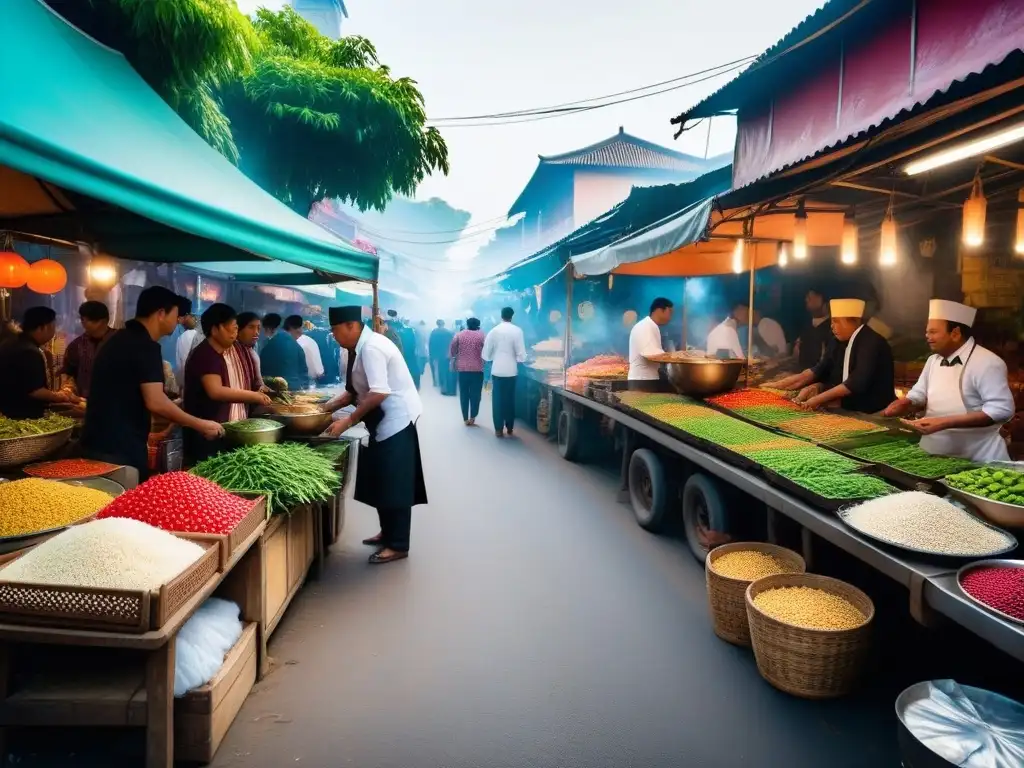 Un bullicioso mercado callejero del sudeste asiático, con ingredientes frescos para recetas veganas sudeste asiático