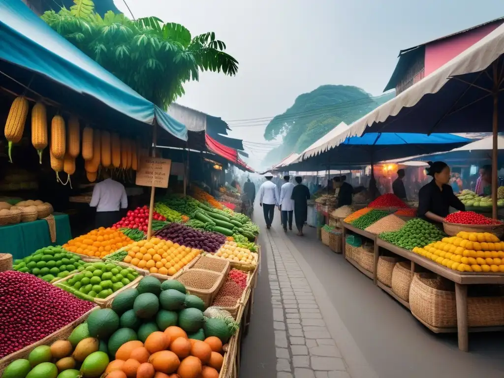 Un bullicioso mercado callejero en el sudeste asiático con ingredientes veganos coloridos y exóticos