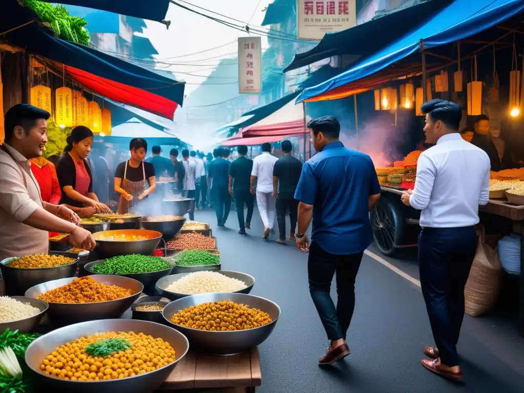 Un bullicioso mercado callejero del sudeste asiático con proteínas veganas y platos tradicionales coloridos