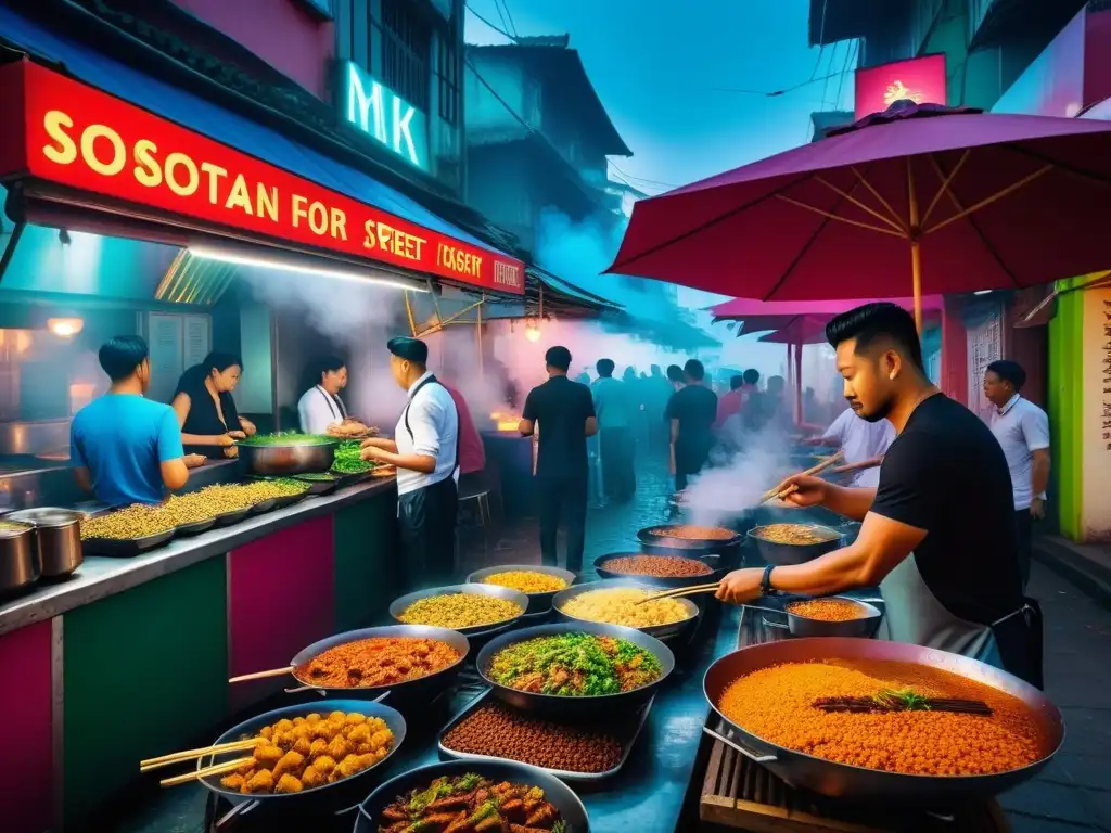 Un bullicioso mercado callejero en el sudeste asiático con delicias veganas