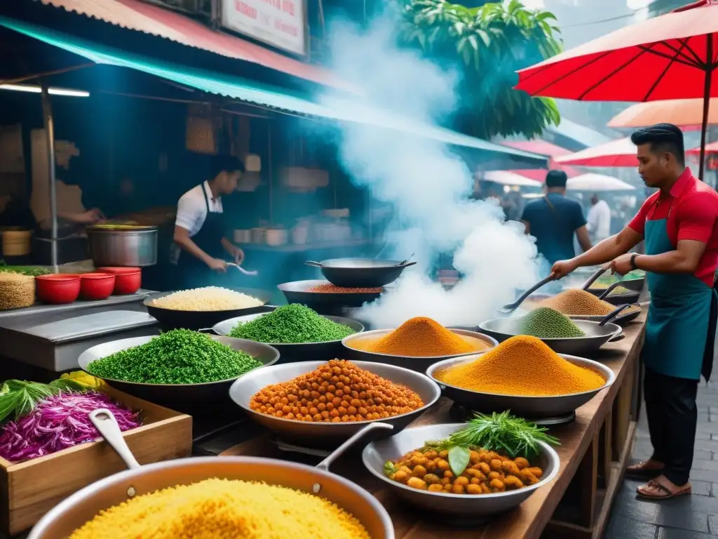 Un bullicioso mercado callejero vegano en Bangkok, Tailandia, con platos coloridos y exóticos