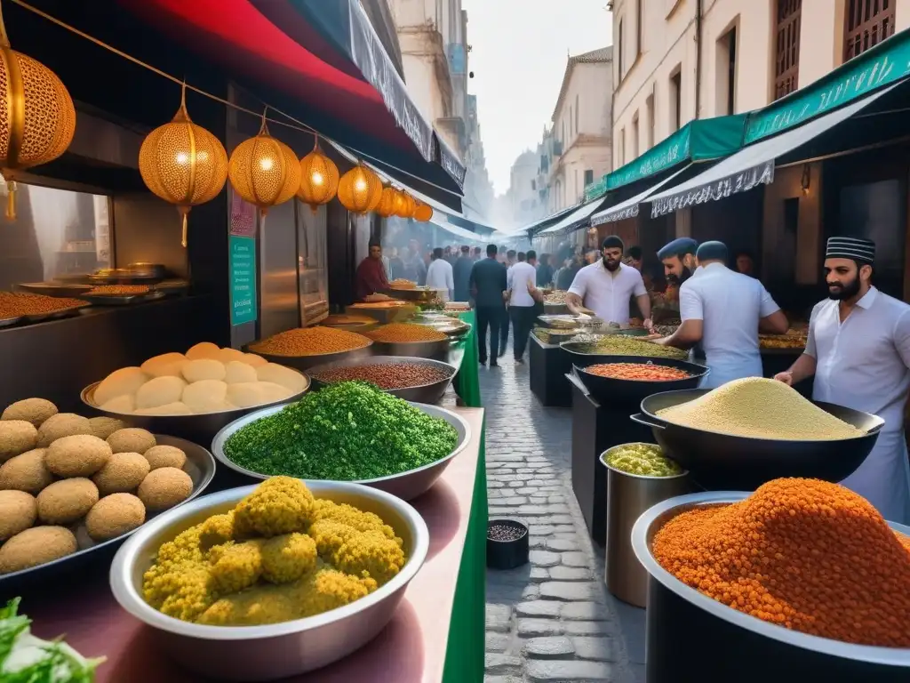 Un bullicioso mercado callejero vegano en Oriente Medio, con platos tradicionales como falafel y tabbouleh en un ambiente vibrante y colorido