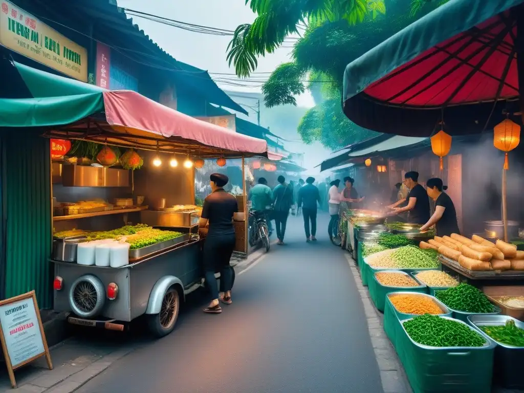 Un bullicioso mercado callejero vietnamita con delicias veganas