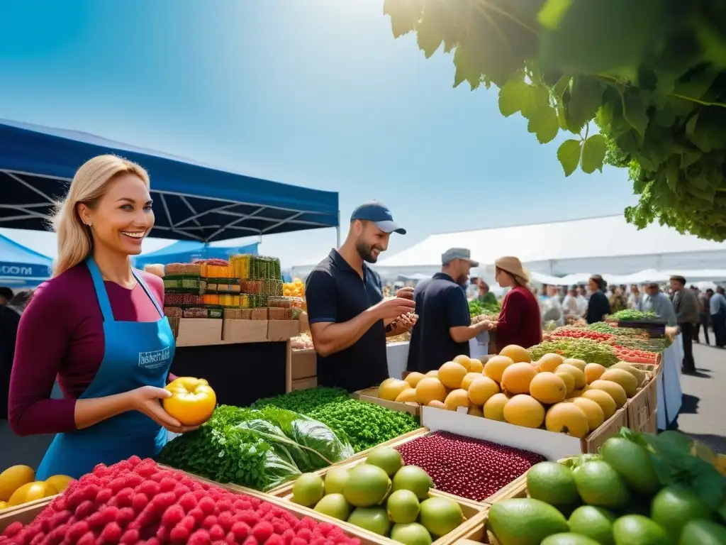 Un bullicioso mercado agrícola repleto de colores y alimentos frescos, con consumidores sostenibles y un entorno ecoamigable