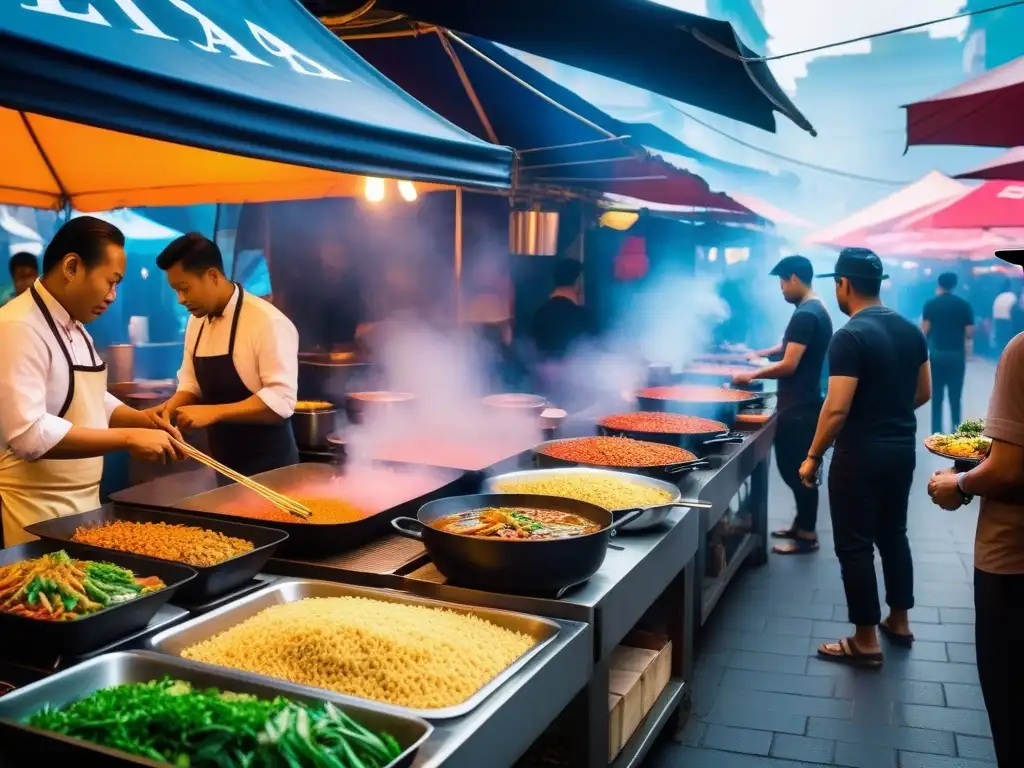 Un bullicioso mercado de comida callejera vegana en el sudeste asiático, con puestos coloridos y clientes entusiastas