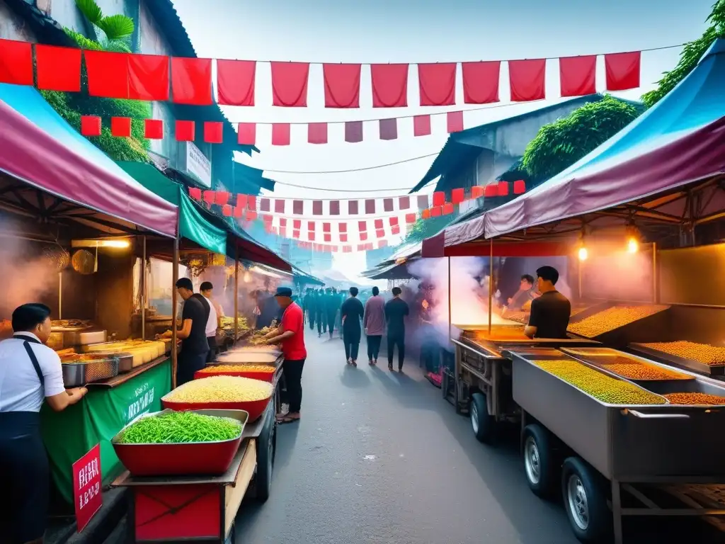 Un bullicioso mercado de comida callejera vegana en el sudeste asiático, con platos coloridos y aromáticos, vendedores y clientes felices