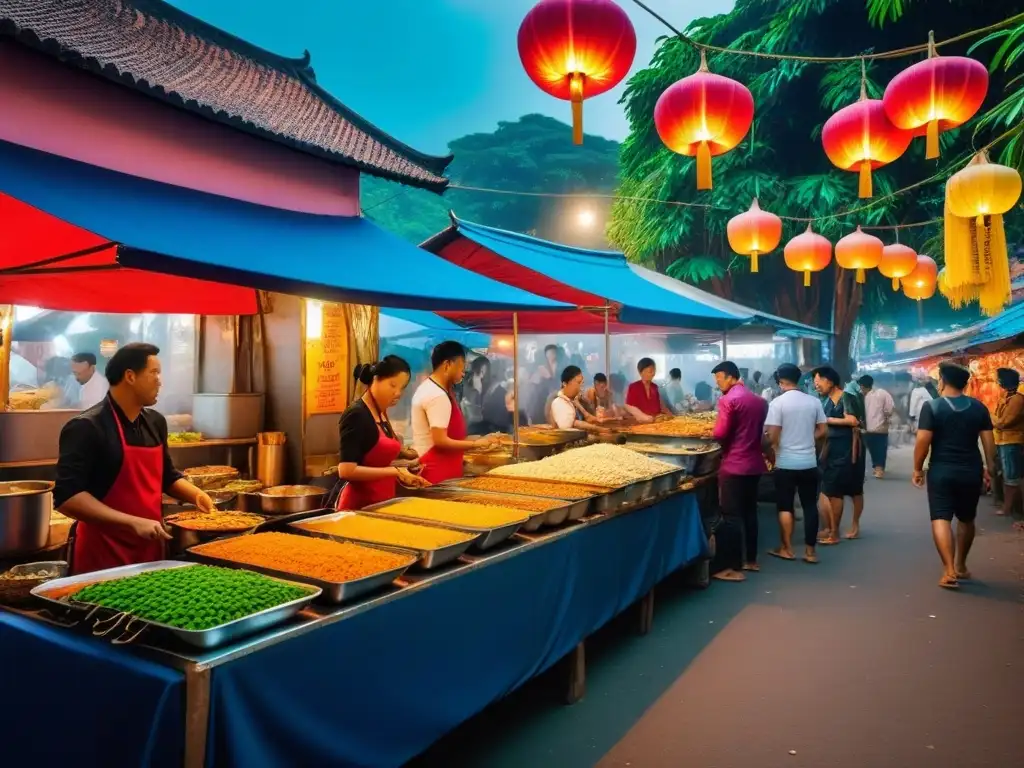 Descubre el bullicioso mercado de comida vegana en el sudeste asiático con platos coloridos y exóticos