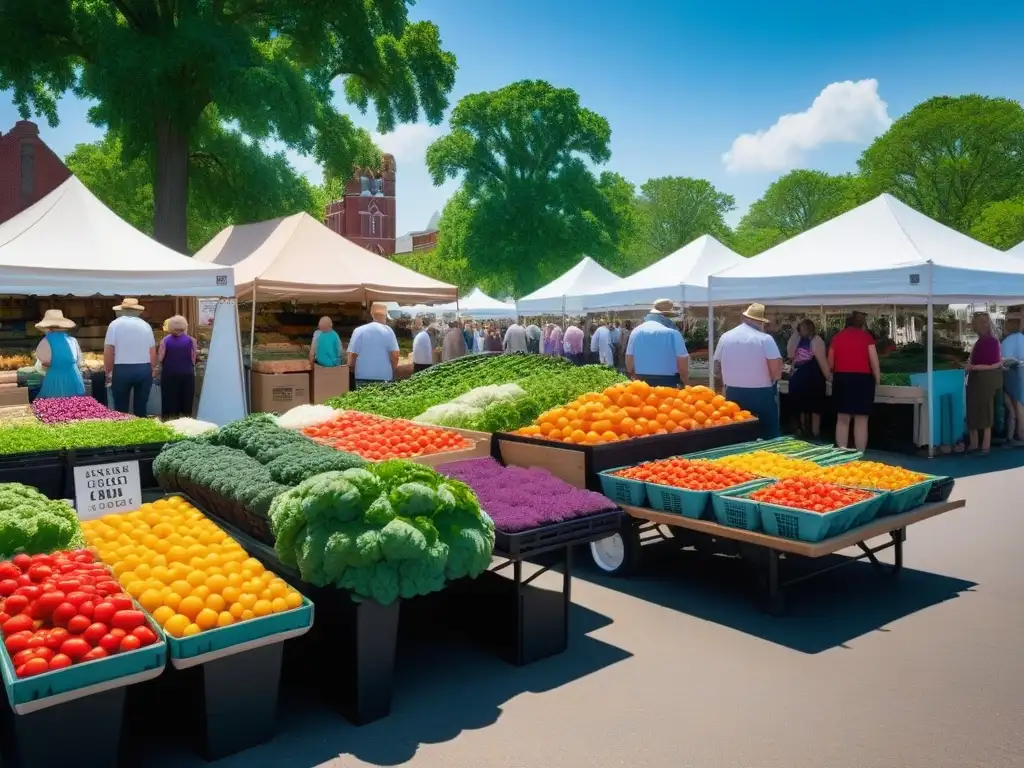 Un bullicioso mercado de granjeros en el Medio Oeste, con productos orgánicos y coloridos