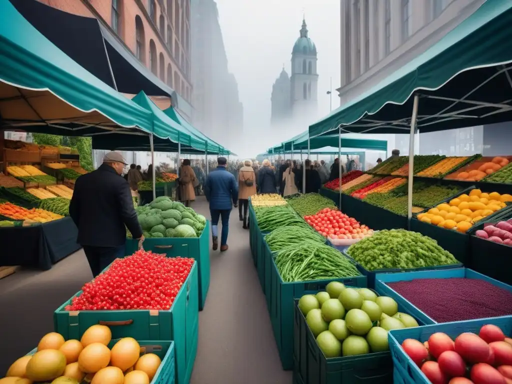 Un bullicioso mercado lleno de frutas y verduras orgánicas, personas diversas comprando productos frescos