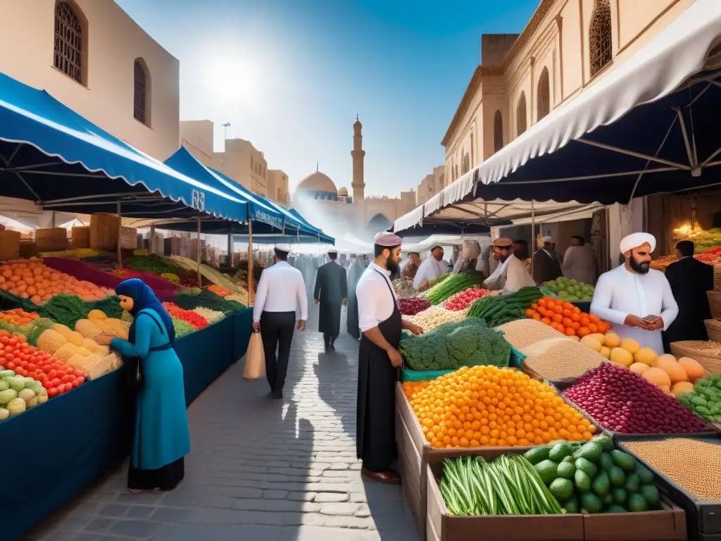 Un bullicioso mercado en Medio Oriente, con frutas y verduras frescas y coloridas, gente diversa y arquitectura icónica