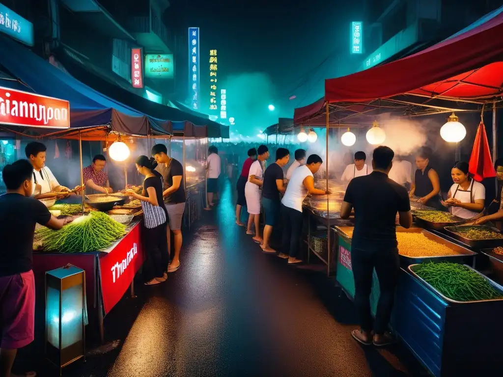 Un bullicioso mercado nocturno en Bangkok, Tailandia, repleto de coloridos puestos que ofrecen delicias veganas