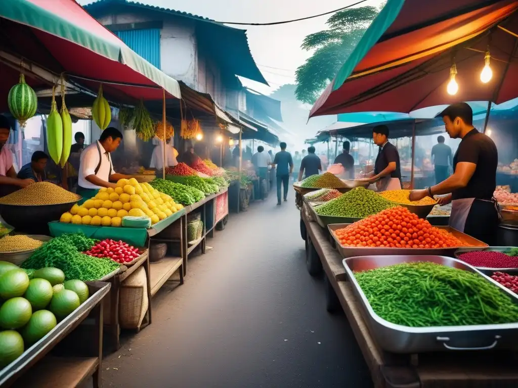 Un bullicioso mercado del sudeste asiático con puestos coloridos de frutas y vegetales frescos para curries veganos