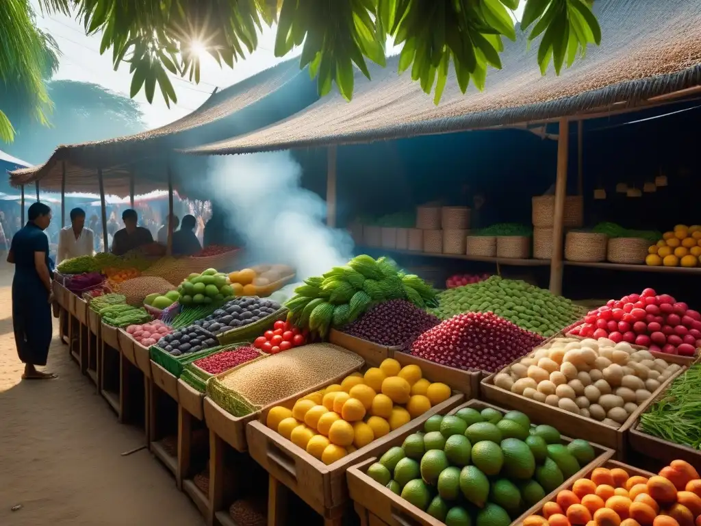 Mercado vibrante de frutas y verduras en Tailandia Un bullicioso mercado tailandés con frutas y verduras exóticas