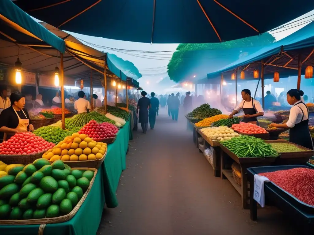 Un bullicioso mercado tailandés lleno de coloridos puestos de frutas, verduras y especias