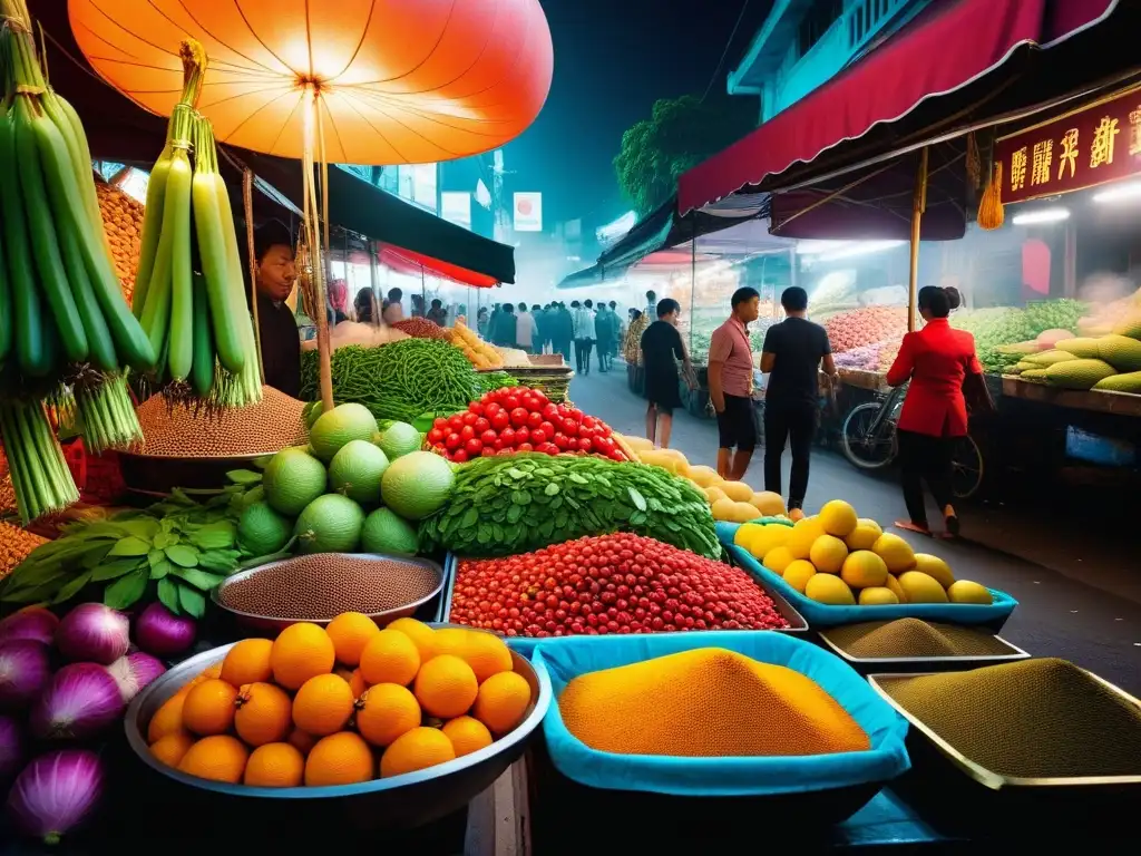 Un bullicioso mercado tailandés rebosante de coloridas paradas de frutas y verduras frescas, perfecto para workshops cocina tailandesa vegana