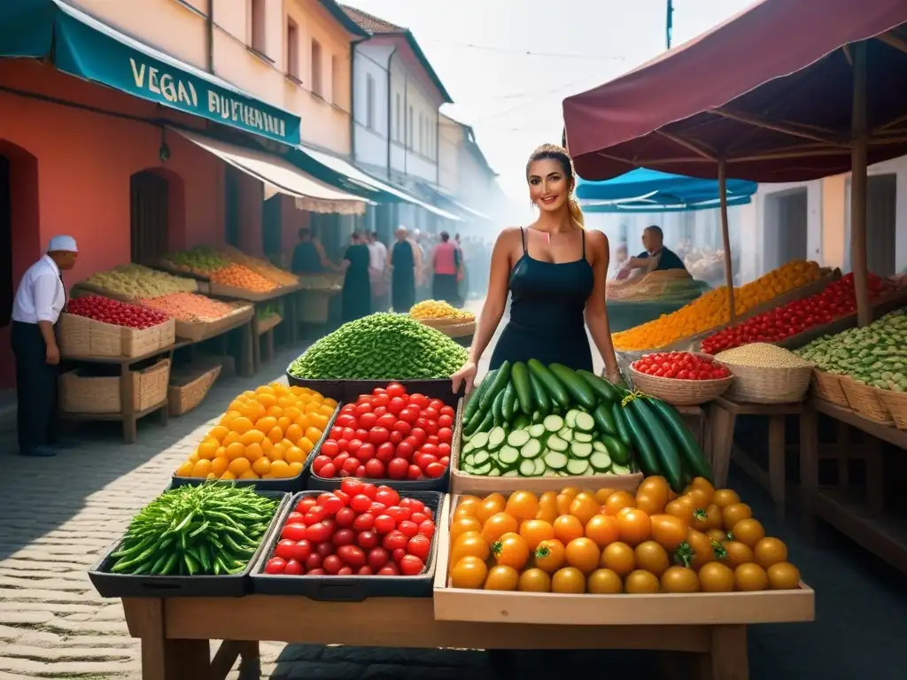 Un bullicioso mercado tradicional búlgaro rebosante de frutas y verduras coloridas, reflejando la rica gastronomía vegana en Bulgaria