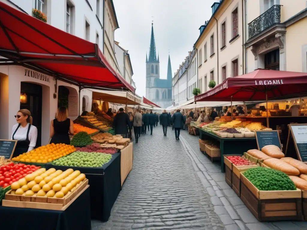 Un bullicioso mercado vegano al aire libre en Europa con puestos coloridos llenos de productos frescos y delicias veganas caseras