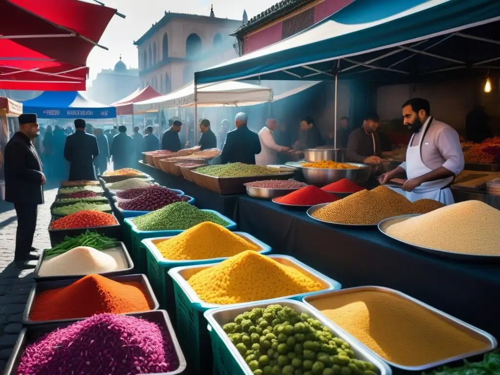 Un bullicioso mercado vegano en Medio Oriente, repleto de sabores y colores, donde se preparan y degustan delicias tradicionales