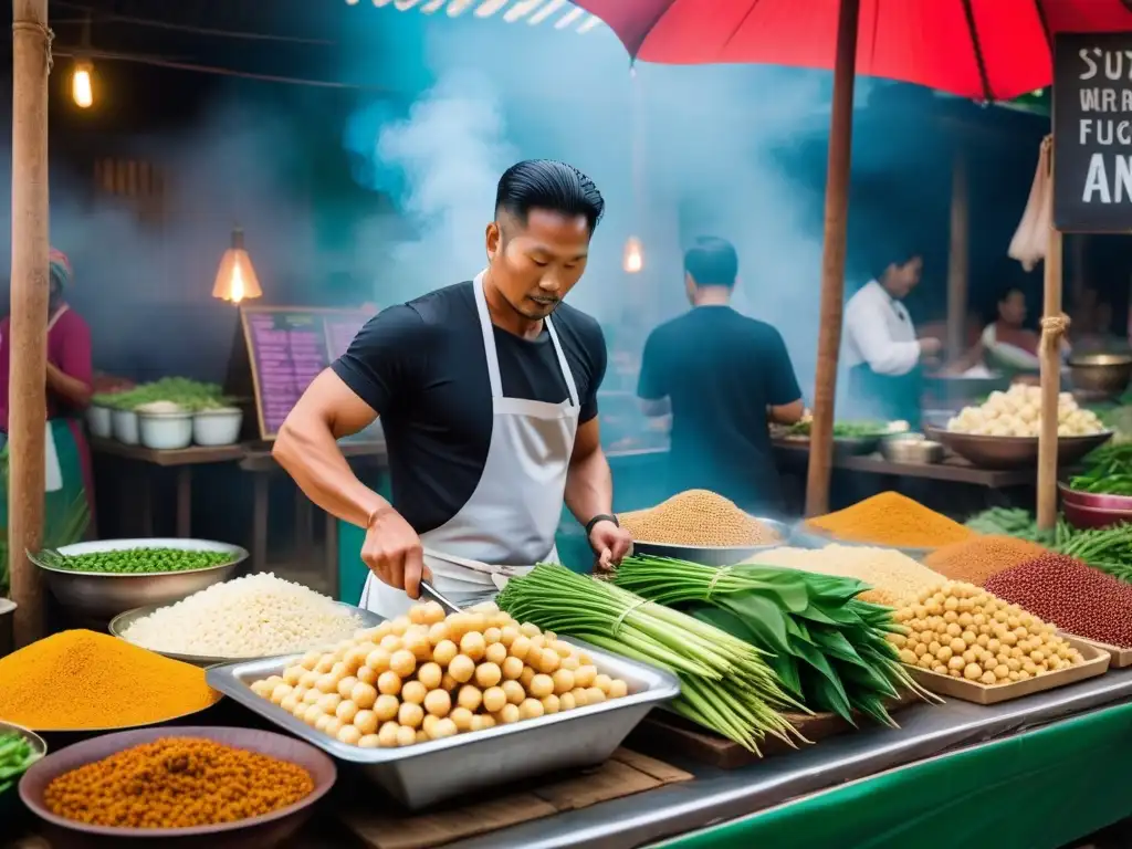 Un bullicioso mercado vegano en el sudeste asiático rebosante de coloridas proteínas veganas y cultura culinaria local