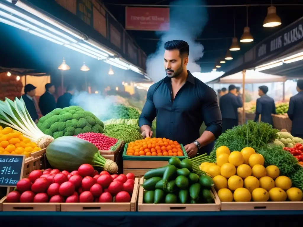 Un bullicioso mercado de vegetales con ingredientes exóticos en la gastronomía vegana