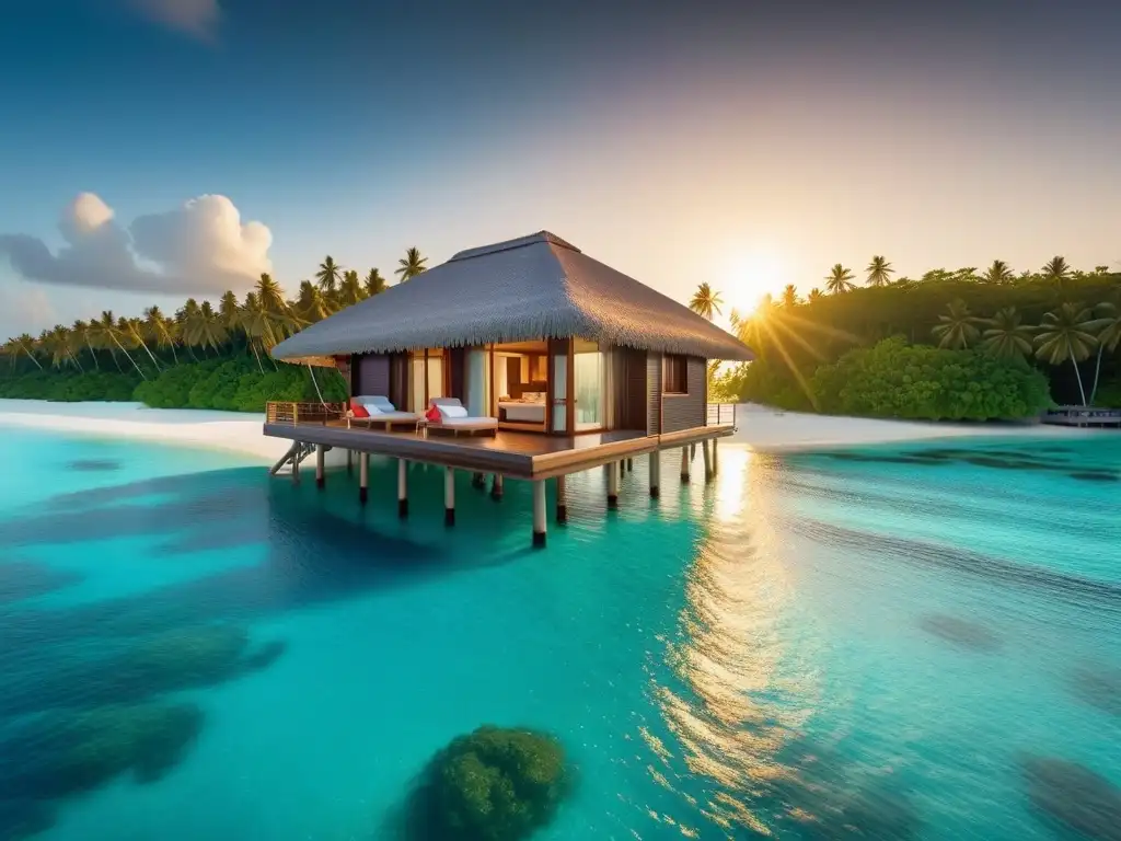 Un bungalow sobre el agua en Maldivas con atardecer dorado y piscina infinita privada