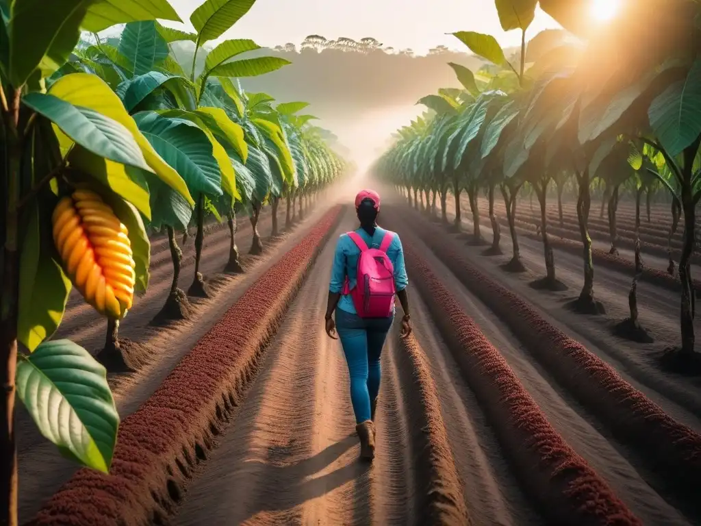 Plantación de cacao al amanecer, cosecha sostenible bajo luz dorada